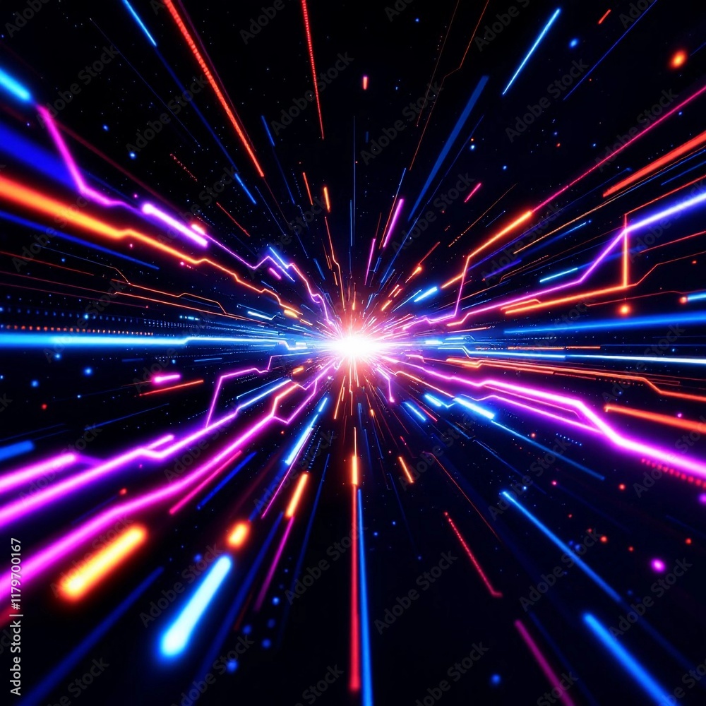 Naklejka premium A mesmerizing explosion of neon-glowing rays in vibrant electric blue, neon purple, and fiery orange, depicting high-speed data flow and futuristic technology. Intricate digital grids and swirling par