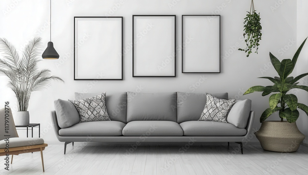 Fototapeta premium Modern Gray Sofa in Minimalist Living Room with Plants Frames
