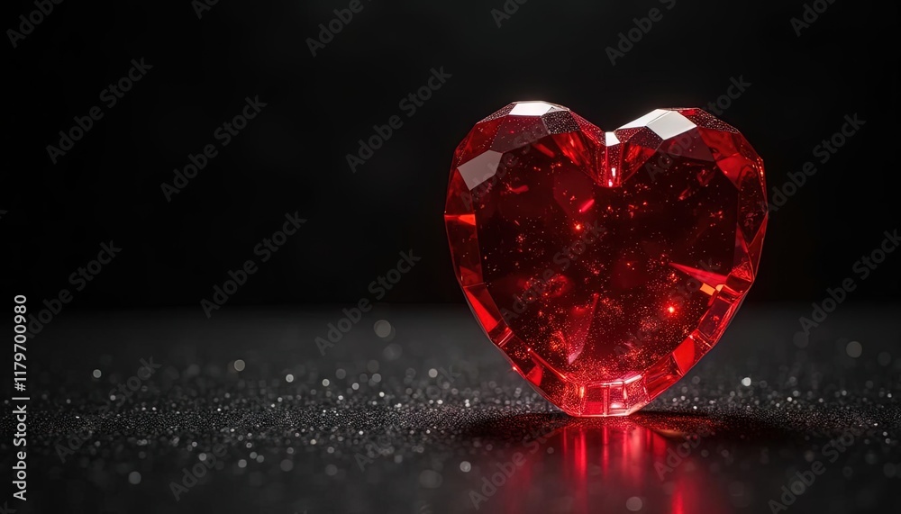 Naklejka premium Faceted crystal heart with a red glow, surrounded by soft bokeh lights, creating a warm and romantic atmosphere