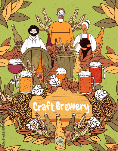 Craft brewery scene with diverse characters surrounded by beer bottles barrels hops leaves and wheat on a green background
