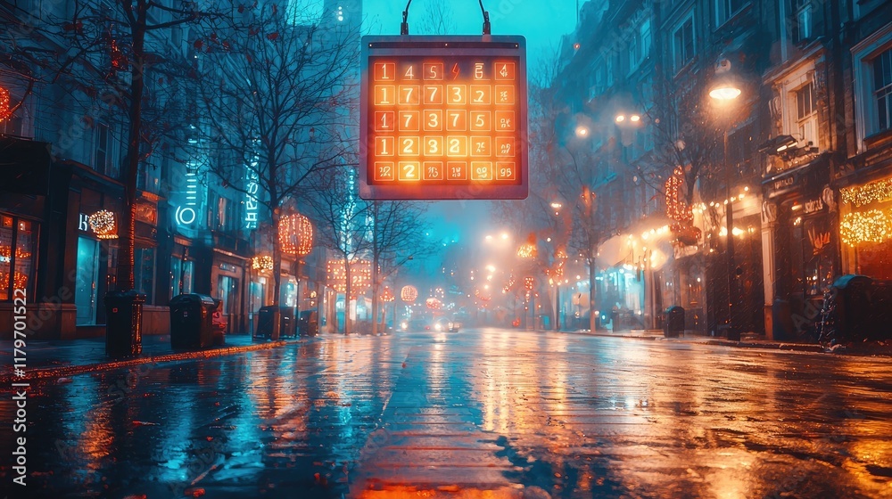 Obraz premium Rainy London street at night, illuminated signage, festive lights, empty road, advertising space.