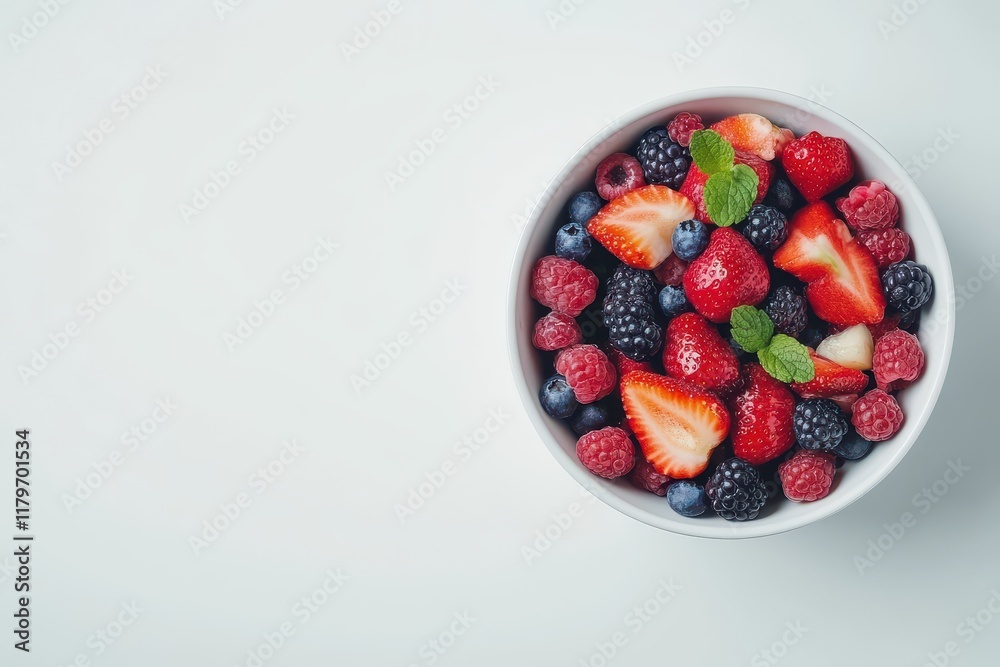 Top view of fruit and berry salad in a white bowl with empty space Top view of fruit and berry salad in a white bowl with empty space