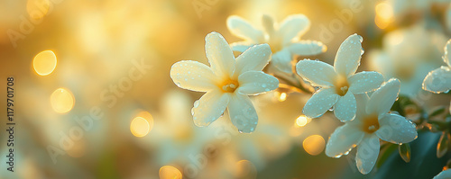 A close-up of blooming jasmine flowers with glistening dewdrops, bathed in soft, warm sunlight during spring