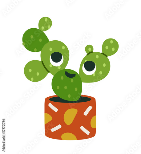 Cartoon-style green cactus with expressive eyes in a colorful red pot decorated with abstract patterns, on a white background. Concept of cheerful plants. Vector illustration