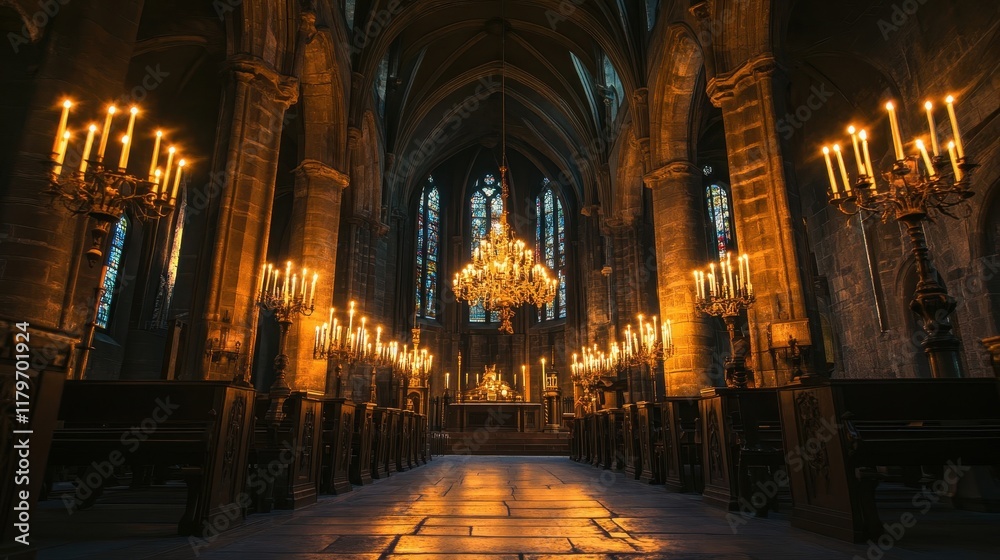A grand candelabra with tall candles in a stone chapel their light casting shadows on columns A grand candelabra with tall candles in a stone chapel their light casting shadows on columns