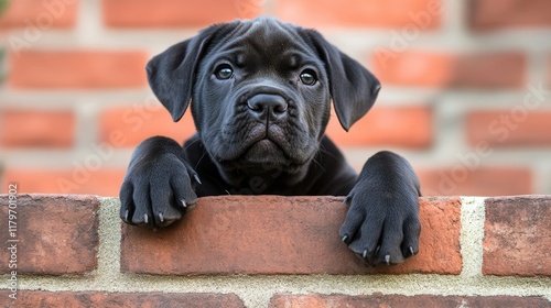 Closeup of a Canecorso puppy with expressive eyes resting its paws on a brick wall showcasing its playful and adorable nature photo