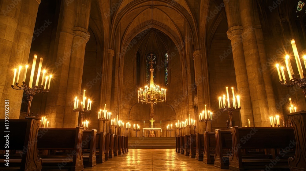 A grand candelabra in the center of a stone chapel casting shadows on columns and pews A grand candelabra in the center of a stone chapel casting shadows on columns and pews