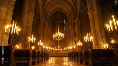 A grand candelabra in the center of a stone chapel casting shadows on columns and pews