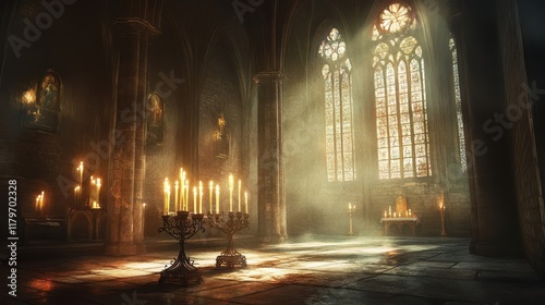 Tall candles in a wrought iron holder near the altar reflecting light off stained glass windows photo