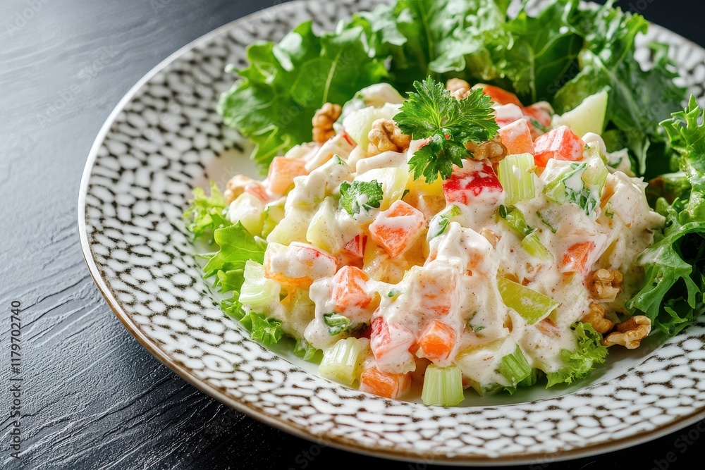 Top view of Waldorf salad featuring red and green apples raw celery lettuce arugula and walnuts in mayonnaise on a black table Top view of Waldorf salad featuring red and green apples raw celery lettuce arugula and walnuts in mayonnaise on a black table