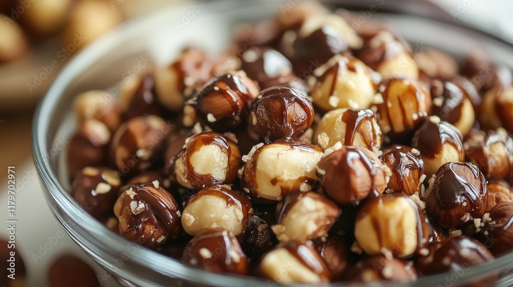 Candied hazelnuts coated in chocolate drizzled with caramel served in a clear bowl perfect for dessert toppings and gourmet recipes Candied hazelnuts coated in chocolate drizzled with caramel served in a clear bowl perfect for dessert toppings and gourmet recipes