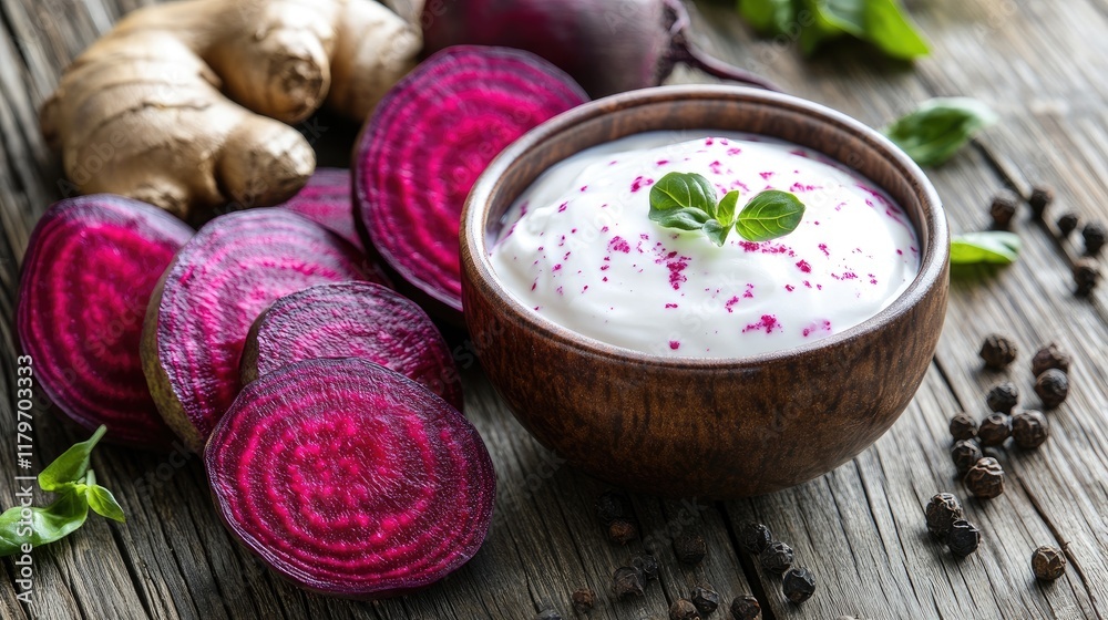 Bowl of yogurt with beetroot slices ginger and pepper on rustic wooden table garnished with herbs and spices Bowl of yogurt with beetroot slices ginger and pepper on rustic wooden table garnished with herbs and spices