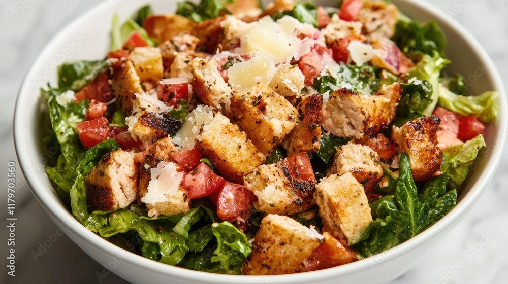 Bowl of fresh salad with grilled chicken croutons and mixed vegetables on a marble countertop Bowl of fresh salad with grilled chicken croutons and mixed vegetables on a marble countertop