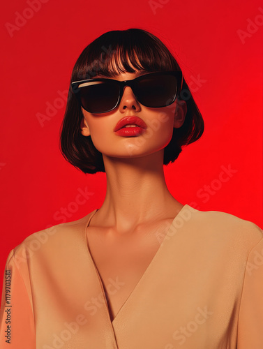 Fashion portrait woman wearing bold black sunglasses red background