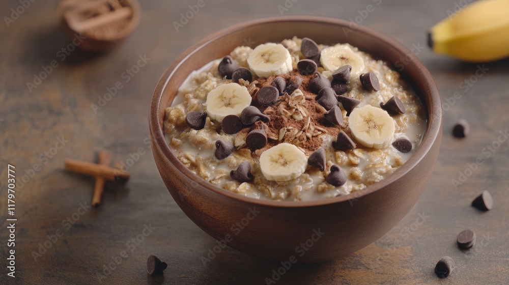 Nutritious bowl of oatmeal topped with banana slices chocolate chips and cinnamon on rustic background for healthy diet concept Nutritious bowl of oatmeal topped with banana slices chocolate chips and cinnamon on rustic background for healthy diet concept