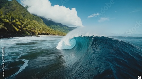 A Sea water wave. powerful teahupoo wave, famous for surfing, looms with crystal blue waters and frothy white spray