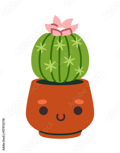 Adorable green cactus with a pink flower in a smiling brown pot, depicted on a white background. Concept of cute plant design. Vector illustration