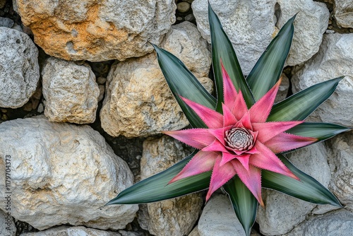 Urnplant s pink blossoms and foliage in a rocky tropical garden photo