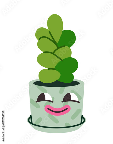 Smiling green potted plant with cheerful leaves, cartoon style on a white background. Concept of nature, happiness, gardening, and decoration. Vector illustration