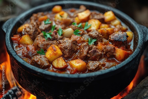 traditional hungarian goulash simmering in vintage cast iron pot over crackling campfire with aromatic steam and fresh ingredients