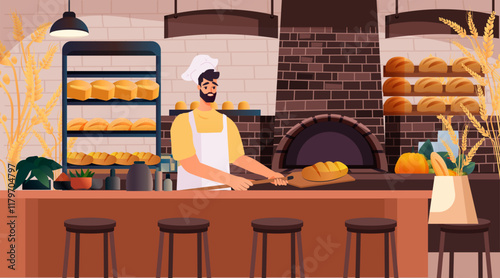 Bakery interior with baker baking bread cozy scene with brick oven shelves of loaves counter with stools warm colors decorative plants