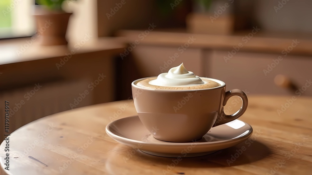Cup of coffee with cream on the table in the house interior design in color of the year 2025 mocha mousse from Pantone. Cup of coffee with cream on the table in the house interior design in color of the year 2025 mocha mousse from Pantone.
