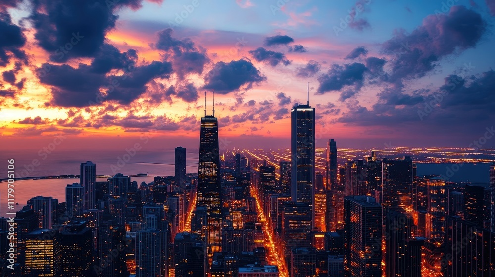 Fototapeta premium Twilight cityscape aerial view showcasing vibrant skyline and illuminated streets against a colorful sunset sky