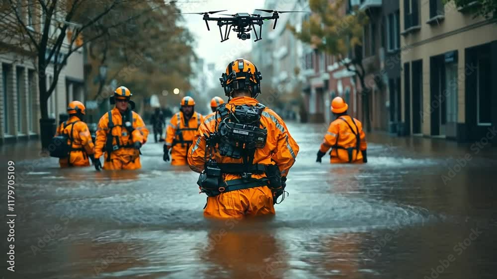 Rescue workers in orange suits navigate a flooded street, using a drone for assistance.