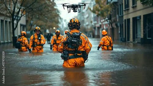 Wallpaper Mural Rescue workers in orange suits navigate a flooded street, using a drone for assistance. Torontodigital.ca