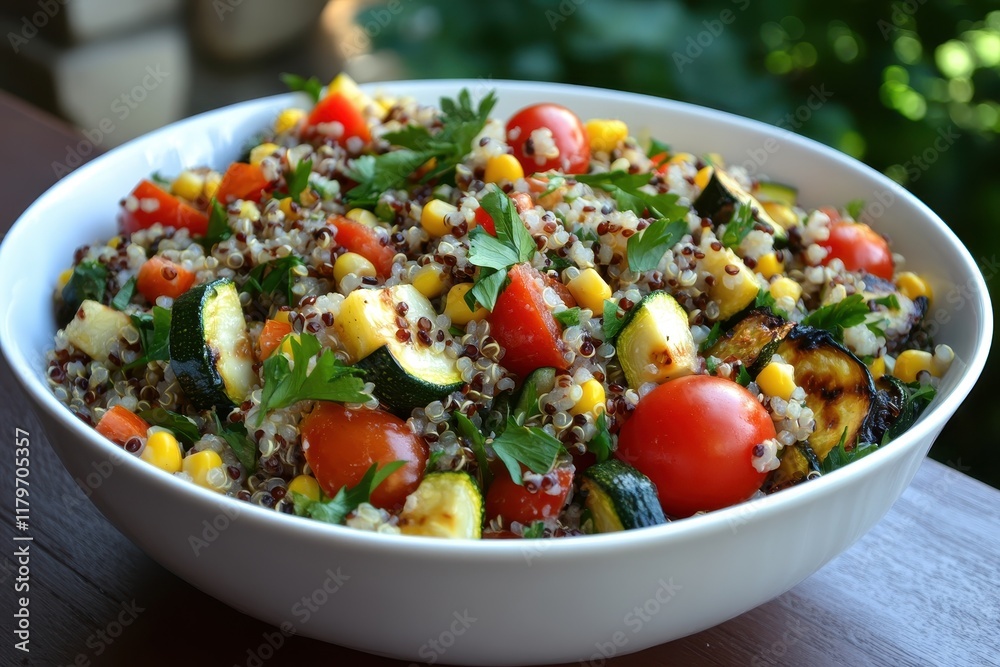 Vegetable and herb quinoa salad in a bowl featuring fresh tomatoes grilled zucchini and corn Vegetable and herb quinoa salad in a bowl featuring fresh tomatoes grilled zucchini and corn