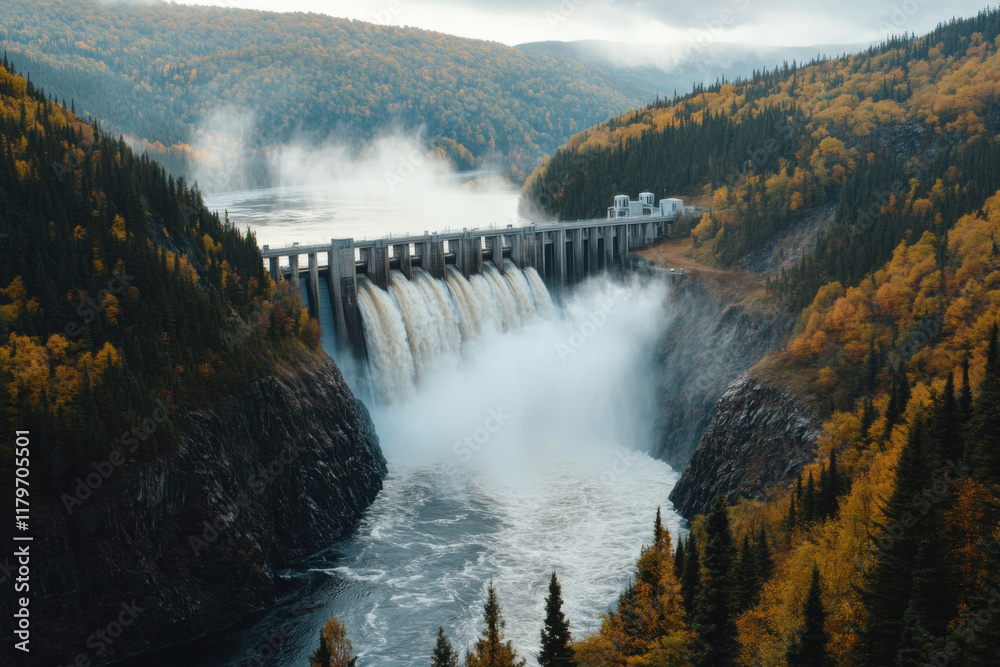 Fototapeta premium Hydroelectric dam with cascading water in forest