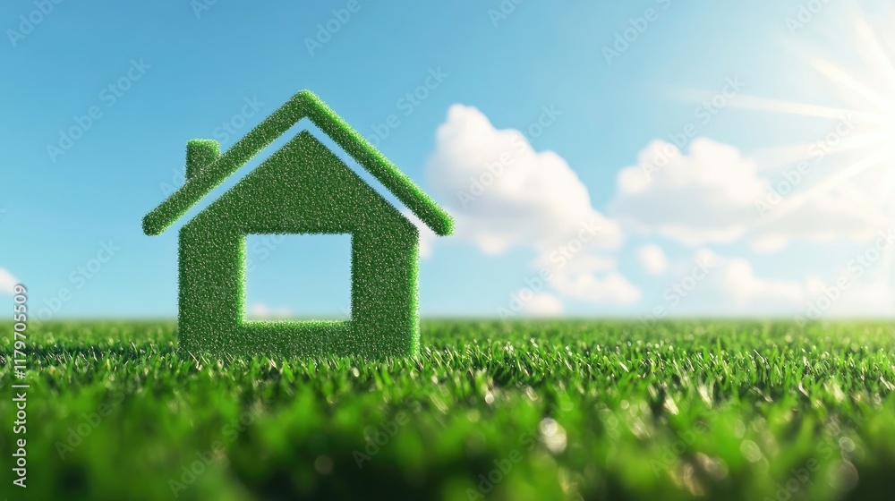 Green house symbol in grassy field under a sunny sky.