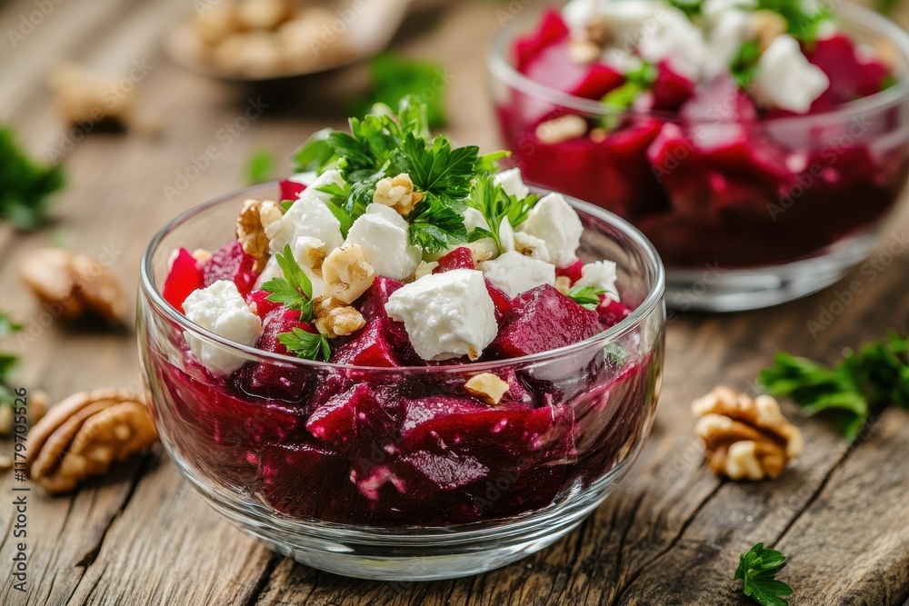 Vegetarian salad featuring roasted beets Greek yogurt parsley walnuts and feta in small glass bowls on a rustic wooden table Vegetarian salad featuring roasted beets Greek yogurt parsley walnuts and feta in small glass bowls on a rustic wooden table