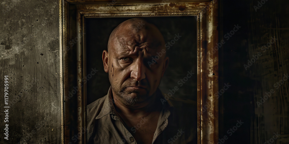 Naklejka premium Portrait of a Man in a Rusted Frame