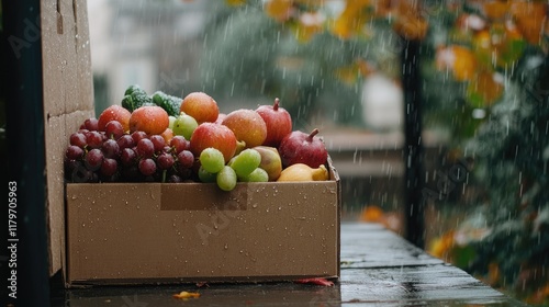 Fototapeta Naklejka Na Ścianę i Meble -  Freshly delivered vegetables and fruits in a cardboard box at an outdoor market during a rainy autumn day showcasing seasonal produce.
