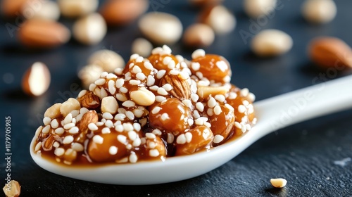 Candy comfit snack featuring nuts and sesame caramel served in a stylish white spoon on a black background with scattered nuts