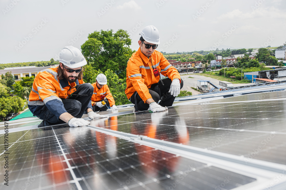 Professional Engineer Service Solar Panel. Worker Maintenance Cleaning Replacing Solar Panel. Professional Engineer Service Solar Panel. Worker Maintenance Cleaning Replacing Solar Panel.