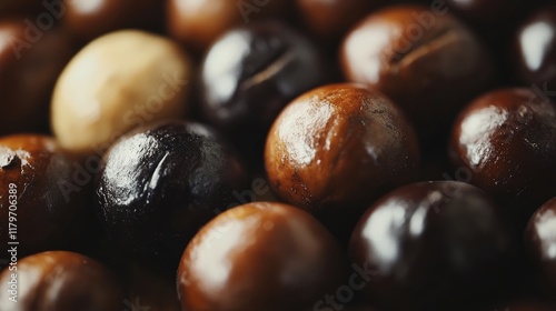 Close up macro shot of various roasted brown and black coffee beans showcasing rich textures and natural colors for coffee enthusiasts photo