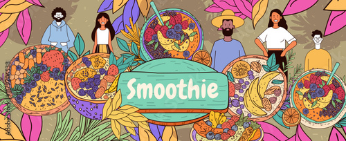 Smoothie bowls vibrant fruits diverse people colorful. Illustrated smoothie bowls with fruits and diverse characters surrounded by tropical leaves and patterns. Banner design