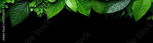 Lush Greenery Border on Black: A vibrant collection of tropical leaves creates a lush, green border against a stark black background, perfect for adding a touch of nature to your designs.   photo