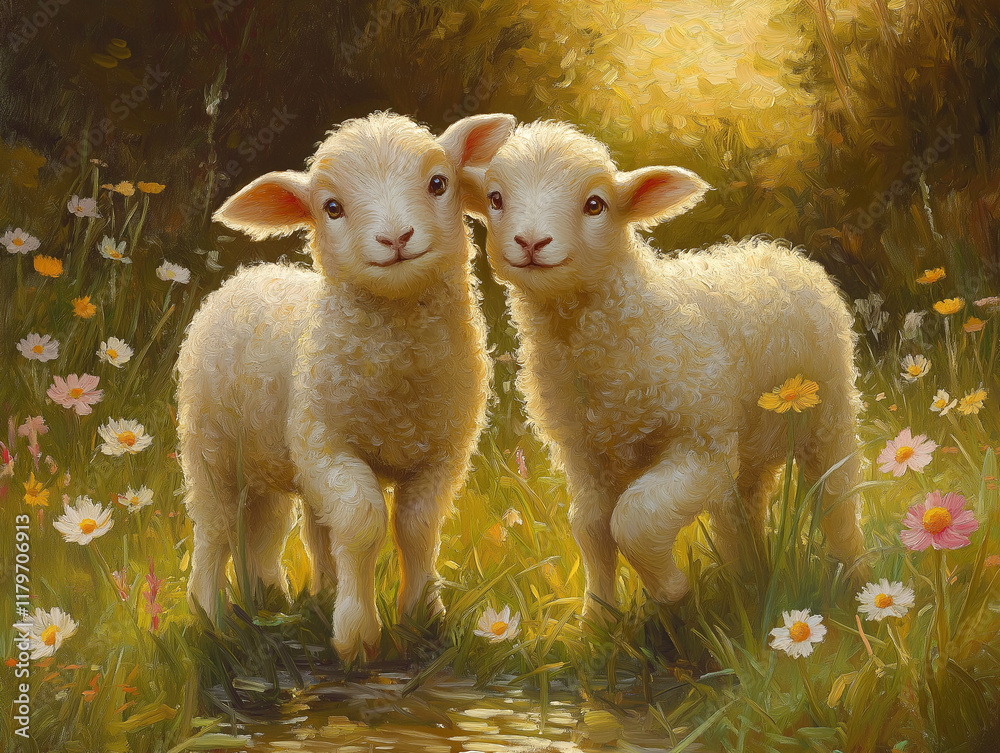 Obraz premium A picturesque spring scene of two cuddly lambs standing close in a meadow full of blooming daisies, surrounded by golden sunlight and soft greenery