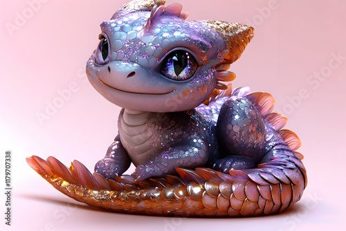 Adorable Baby Dragon with Glittery Scales and Golden Tail - Whimsical Fantasy Creature Illustration photo