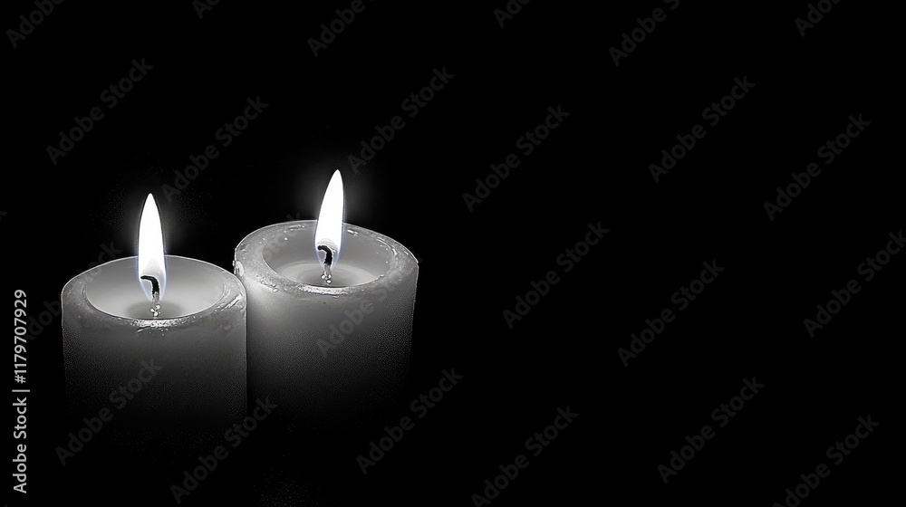 Two glowing candles emitting soft light in a dark setting creating a serene and calming atmosphere for relaxation or meditation. Two glowing candles emitting soft light in a dark setting creating a serene and calming atmosphere for relaxation or meditation.