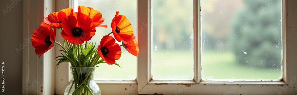 A Cluster Of Vibrant Field Poppies In A Vase Sits Against An Old Sunny Window With A Textured Canvas Background. 00002 A Cluster Of Vibrant Field Poppies In A Vase Sits Against An Old Sunny Window With A Textured Canvas Background. 00002