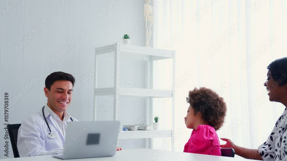 Doctor checking lungs of little girl during medical checkup in clinic, friendly pediatrician using stethoscope to examine breathing and heartbeat of patient, sickness diagnosis and wellness result