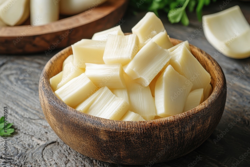 Wooden bowl with chopped bamboo shoots from a can Wooden bowl with chopped bamboo shoots from a can