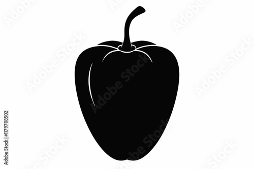 pepper black silhouette on white background. Sweet vegetable Capsicum pepper icon | Black Vector illustration. Bell pepper. Icon with reflection on white background.