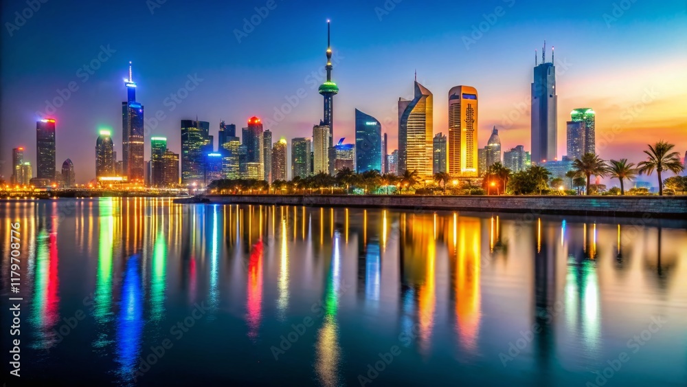 Fototapeta premium Kuwait City Waterfront Night Panoramic - Cinematic 4K Slow Panning Shot