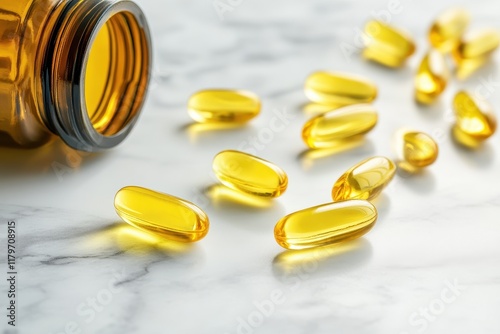 Yellow vitamins for omega 3 fish oil and sport nutrition on a white background photo