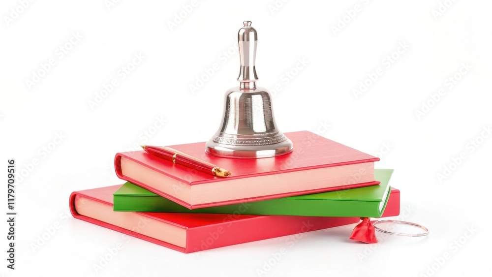 A silver bell sits atop stacked red and green books, symbolizing education and learning.